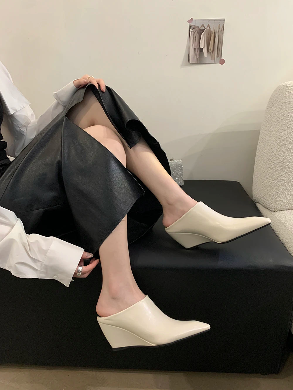 LBSFY  -  Pointed Toe Women Slides Slippers Fashion Outside Party Pumps Wedding Wedge High Heels Black Beige Brown Size 35-39 Sexy Slip On