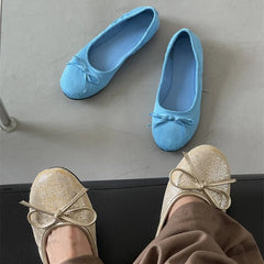 LBSFY  -  Gold Ballet Flats Summer Soft Comfortable Shallow Mary Jane Round Toe Bow Ballet Shoes Little Blue Shoes