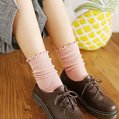 Lbsfy Japanese Retro Ruffled Cotton Socks Women Solid Color Ankle Boot Styling Harajuku Christmas Girlfriend Gift Pink Yellow Cute