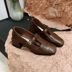 LBSFY  -   Pumps Women Shoes Block Heel Mary Janes PU Leather Buckle Black Brown Ballet Shoes High Heel