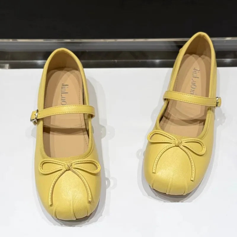 LBSFY -Women's 2025 Women's Flat Leather Shoes with Mary Jane's New Summer Style Pleated Bow All-match Single-layer Shoes