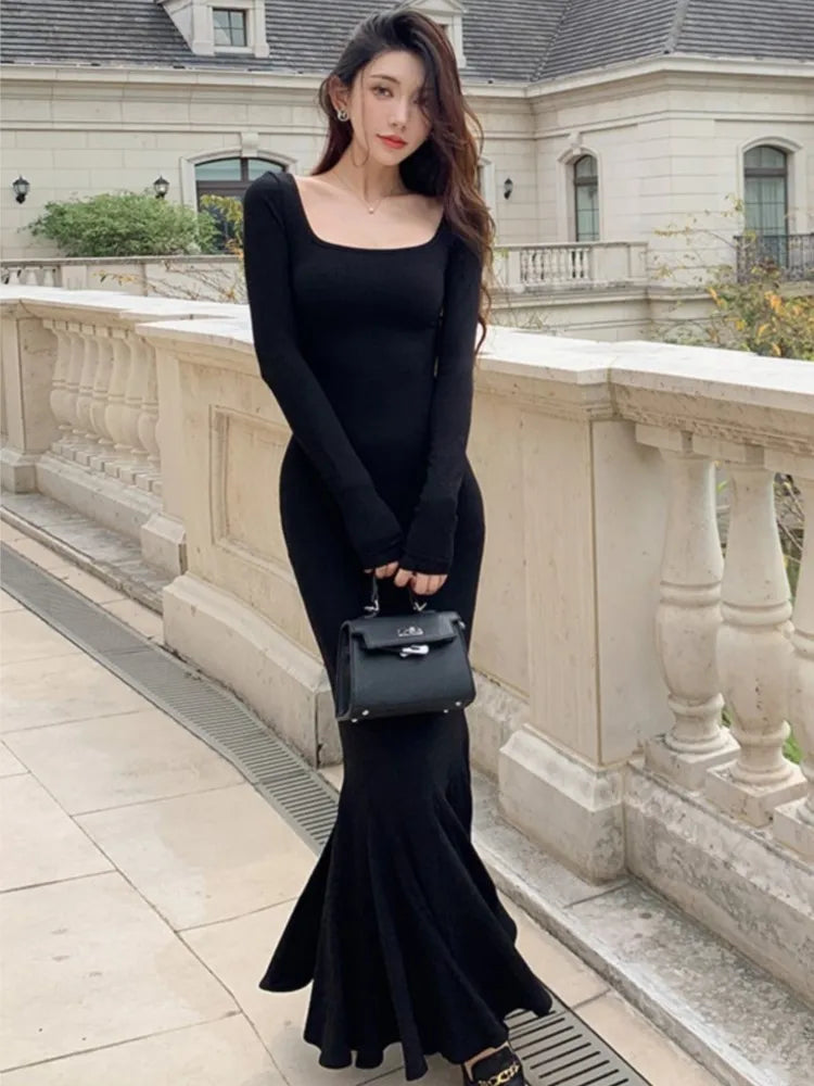 LBSFY -Autumn Sexy Black Mermaid Party Dress for Women Square Collar Long Sleeve Slim Bodycon Vestidos Elegant Streetwear Long Robe