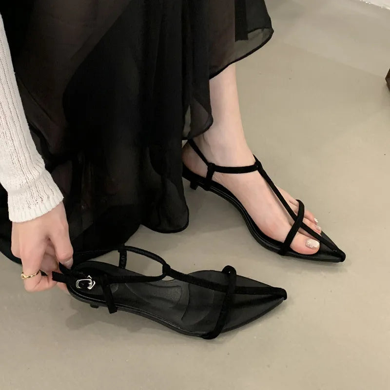 LBSFY  - Summer New Women Sandals Thin Low Heel Ankle Strap Dress Party Shoes Fashion Narrow Band Ladies Gladiator Shoes
