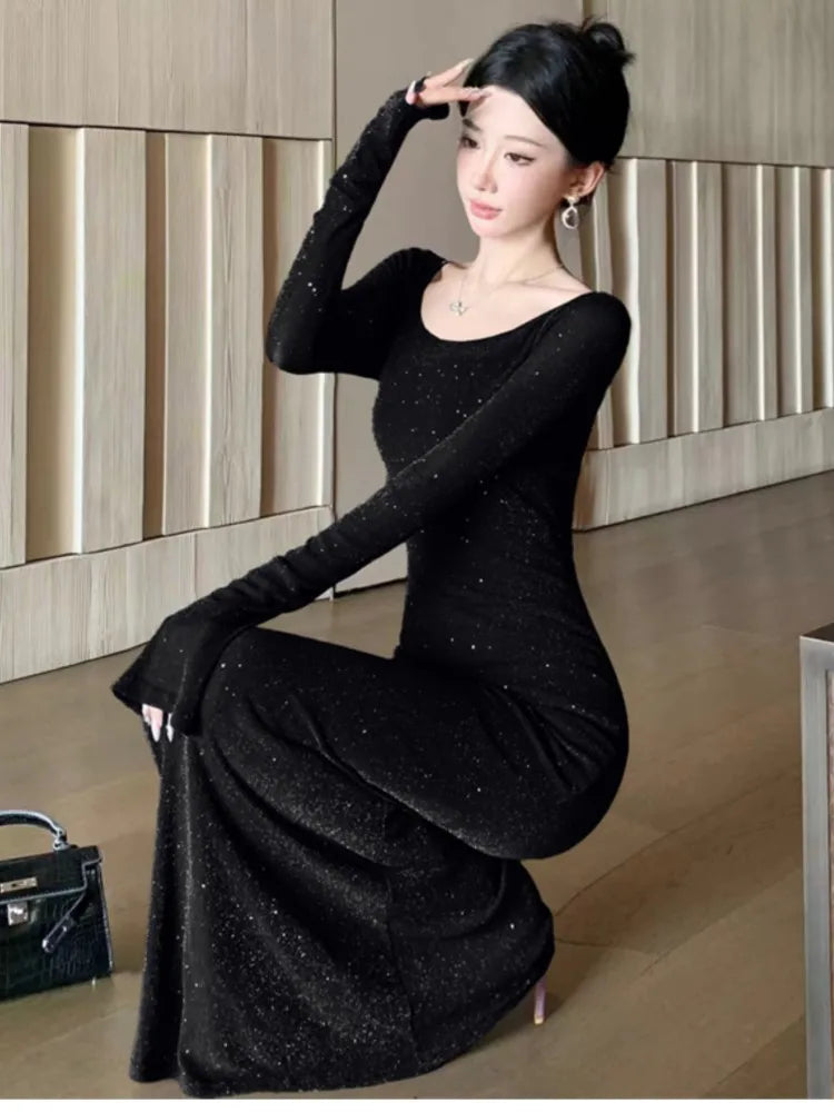 LBSFY -Women's Dress Suits Slash Neck Off Shoulder Spaghetti Straps Party Dresses +  Long Sleeve Bright Silk Mesh Smock Two Pieces Set