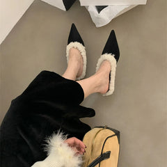 LBSFY  -  2024 Lamb Wool Inner Slippers Pointed End Imitation Suede Short Heel Outer Slippers Autumn/winter Color Block Woman Shoes 35-40