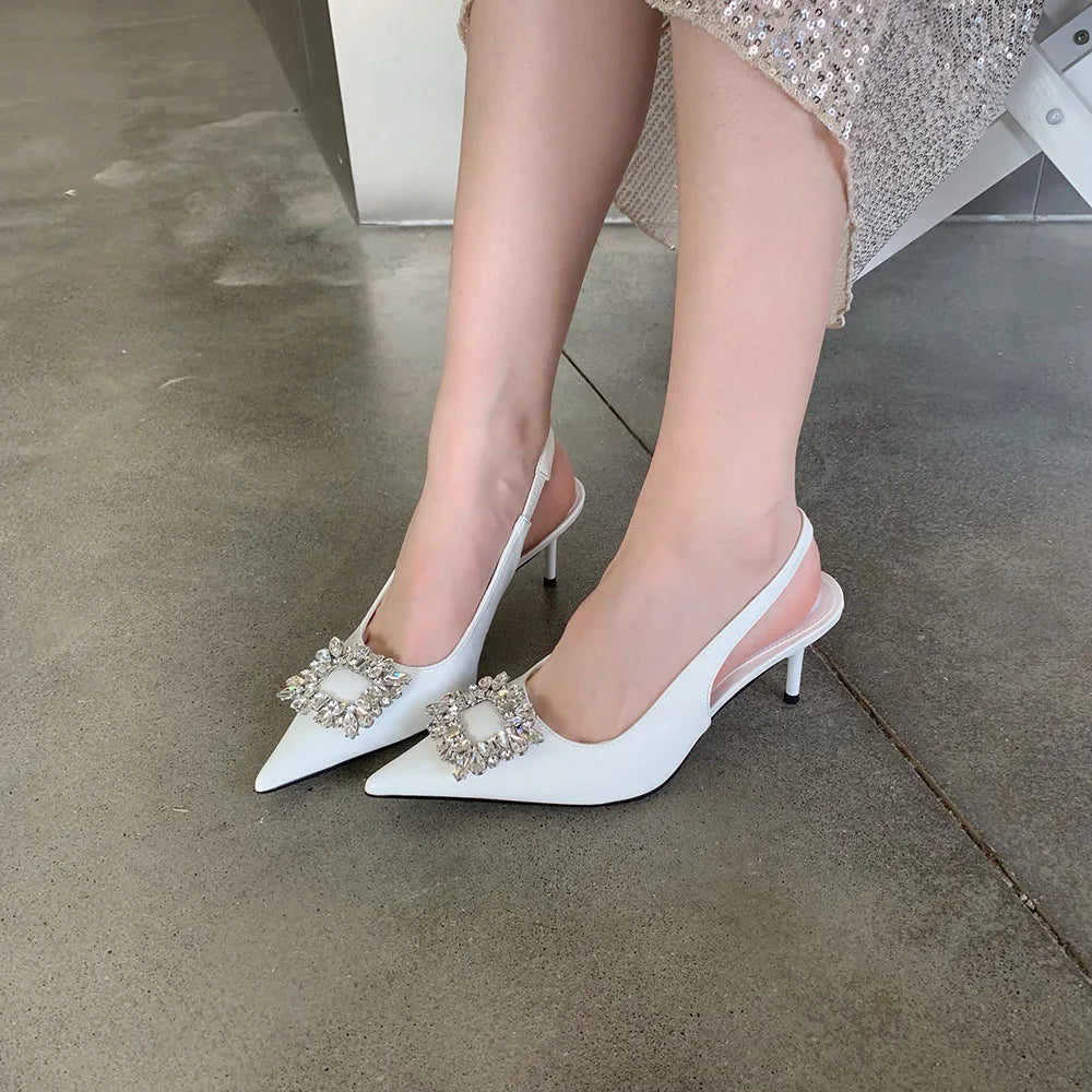 LBSFY  -  Pointed Toe Women Sandals Thin High Heels Back Strap Rhinestone Crystal Buckle Black White Silver Summer Stiletto Party Pumps 39