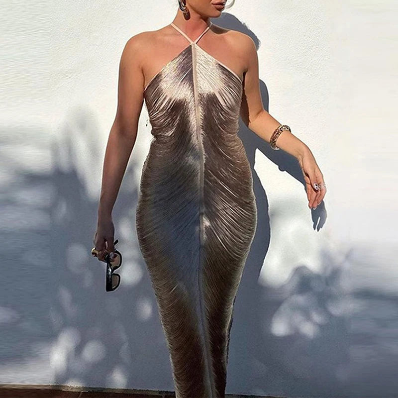 LBSFY  -  Elegant Sleeveless Hollow-shoulder Long Dress Fashion Women Solid Temperament Tassel Dress Sexy Slim Halter Club Party Dress