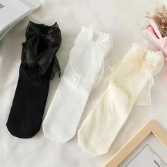 Lbsfy Bow Socks Women  Middle Tube Lace Socks Spring Summer Autumn Thin Lolita Harajuku Cute Female Mesh Socks White Black Girls Gift