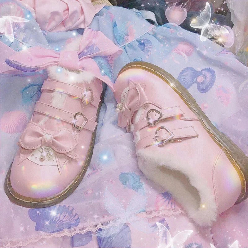 LBSFY  -  Jk School Sweet Student Lolita Shoes Vintage Round Head Plus Velvet Women Shoes Cute Bowknot Warm Kawaii Shoes Loli Boots