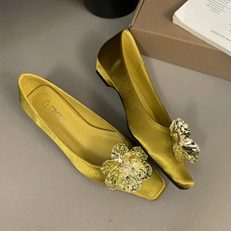Lbsfy Flower Designer Shoes Women Fashion Shallow Square Toe Elegant Dress Shoes Female 2025 New Luxury Satin Low Heel Footwear Ladies
