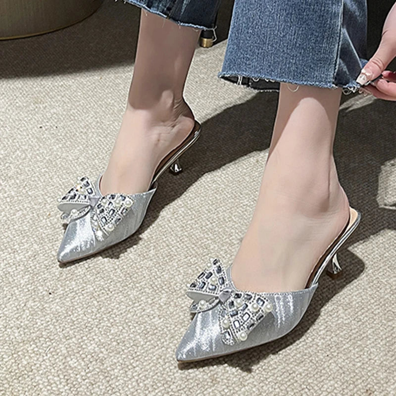 LBSFY  -  High Heels Crystal Bow Women Slippers Pointed Toe Sexy Luxury Shoes 2024 Summer New Fashion Elegant Slingback Flip Flops Pumps