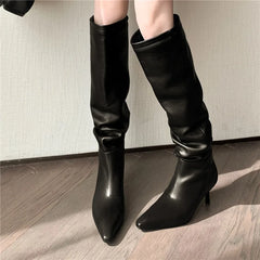 LBSFY  -  2024 New Fashion Slip On Over The Knee Boots Pleated Genuine Leather Boots For Women Thin High Heels Winter Boots
