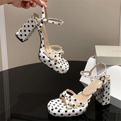 LBSFY  -  Genuine Leather Polka Dot Open Toe Ankle Strap Women Sandals Narrow Band High Heels Buckle Ins Fashion Elegant Sexy Female Shoes