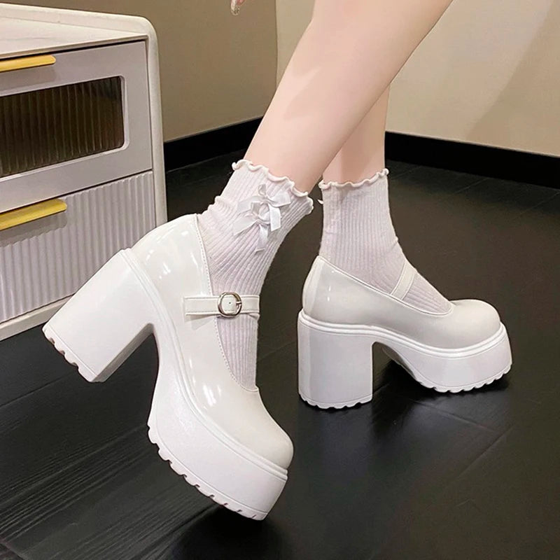 LBSFY  -  High Heels Platform Chunky Pumps Women 2024 Pu Leather Ankle Buckle Mary Jane Shoes Woman Thick Heeled Goth Lolita Shoes Female