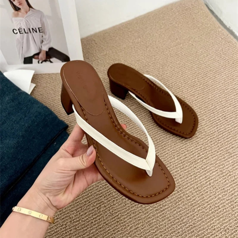 LBSFY  -Round Heels Women Slippers Shoes Vacation Flip flops Summer Beach Female Fashion Shallow Ladies Heels Slides Slippers S