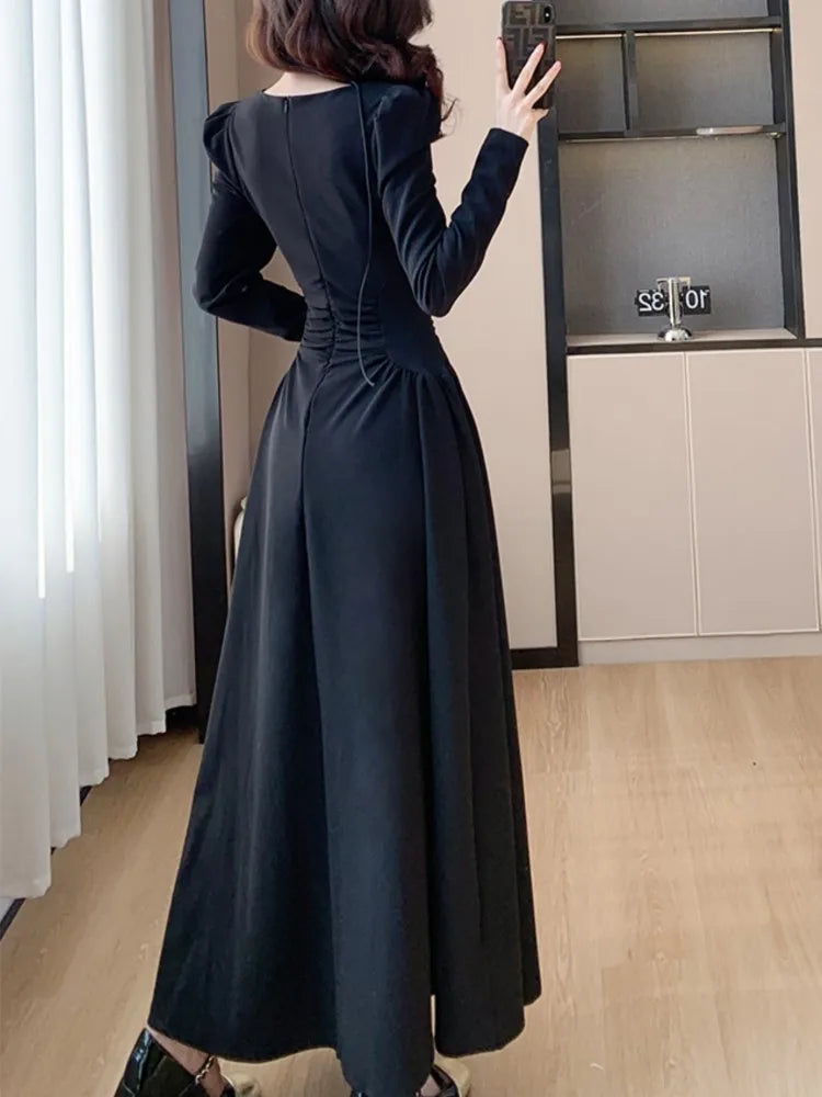 LBSFY -Elegant Chic Women Fashion Black Dress Vintage Casual A-Line Solid Party Birthday Prom Dresses Female Spring Clothes Robe Mujers