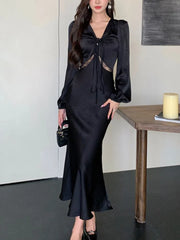 LBSFY -Autumn Satin Long Dresses for Women Long Sleeve Slim Mermaid Dress Vintage Solid Wedding Party Prom Robe Lace Up Vestidos Mujer