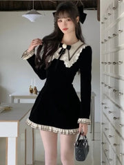 LBSFY -Y2K Sweet Velvet Womens Dresses French Patchwork Princess Flare Long Sleeves Birthday Party Mini Dress Female Short Vestidos New