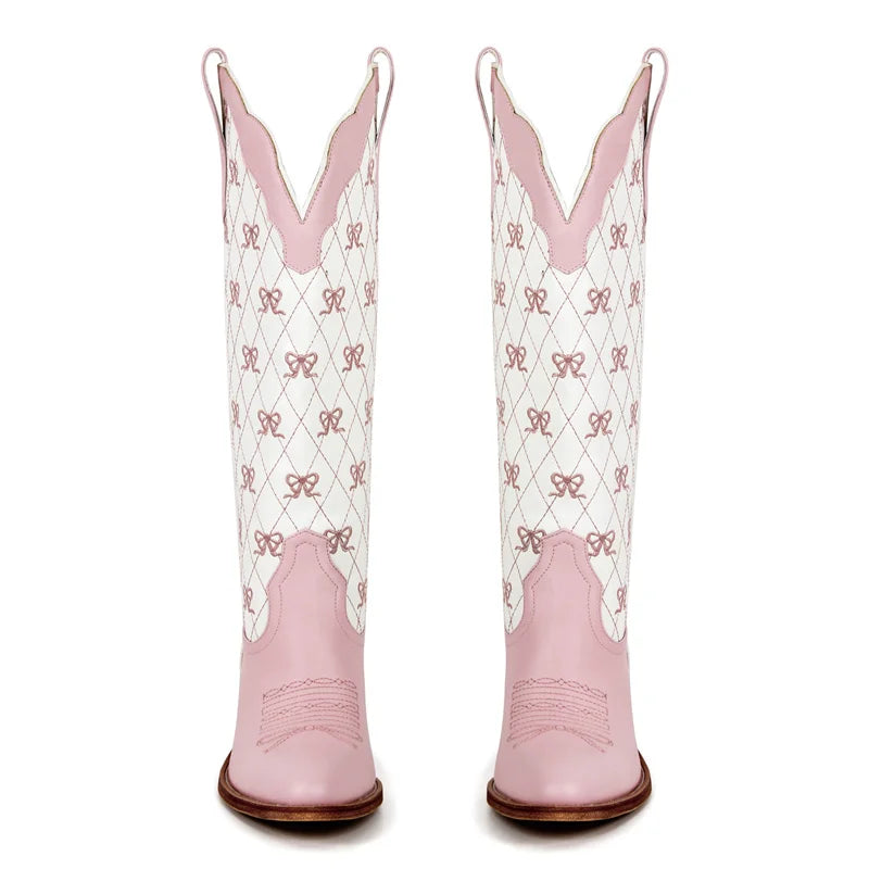 LBSFY  -  Women Pink Pull-on Knee High Cowgirl Boots with Bow  Comfy Women Big Size Cowboy Boots