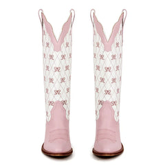 LBSFY  -  Women Pink Pull-on Knee High Cowgirl Boots with Bow  Comfy Women Big Size Cowboy Boots