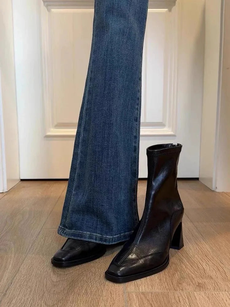 LBSFY -2025 Vintage High Heel Women Ankle Boots Fashion Square Toe Short Booties Autumn Winter Ladies Shoes Botas Mujer
