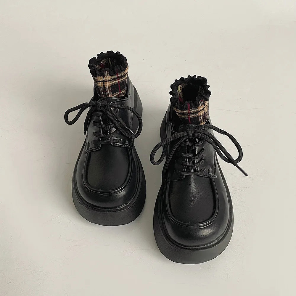 LBSFY -Chunky Pumps Platform Oxfords Shoes for Women 2025 Spring  Lace Up Flats Woman Thick Bottom Patent Leather Gothic Loafers Shoes