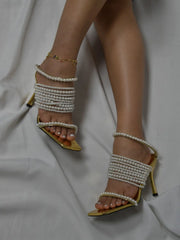 LBSFY  -  New Gold Square Open Toe String Bead Pearl Wrap Slip On Thin Heels Party Summer Sandals Women Elegant Bride Wedding Dress Shoes