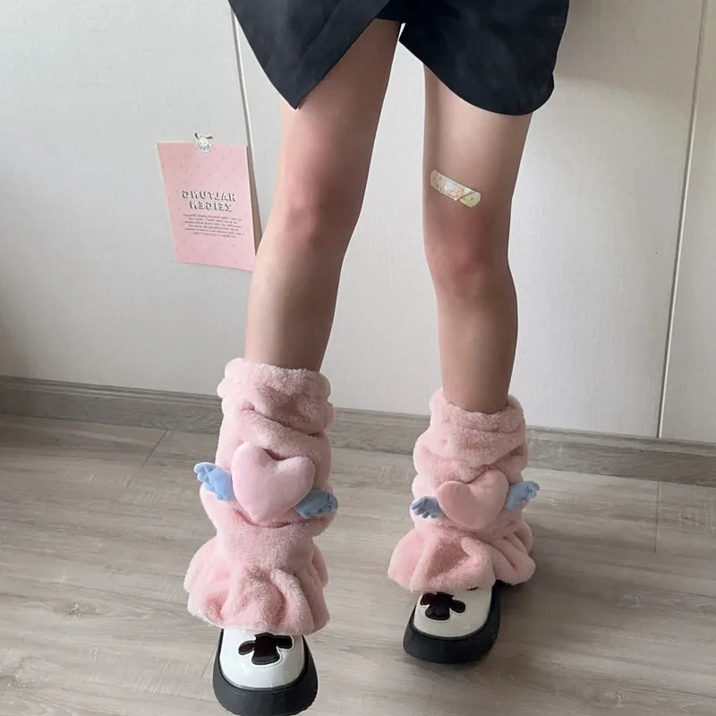 Lbsfy Kawaii Pink Love Heart Fur Leg Warmers Winter Y2K Sweet Leg Covers Rabbit Bow Plush Fur Warm Harajuku Boot Cuffs JK Lolita Sock