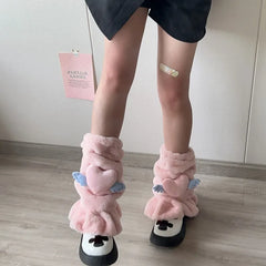 Lbsfy Kawaii Pink Love Heart Fur Leg Warmers Winter Y2K Sweet Leg Covers Rabbit Bow Plush Fur Warm Harajuku Boot Cuffs JK Lolita Sock