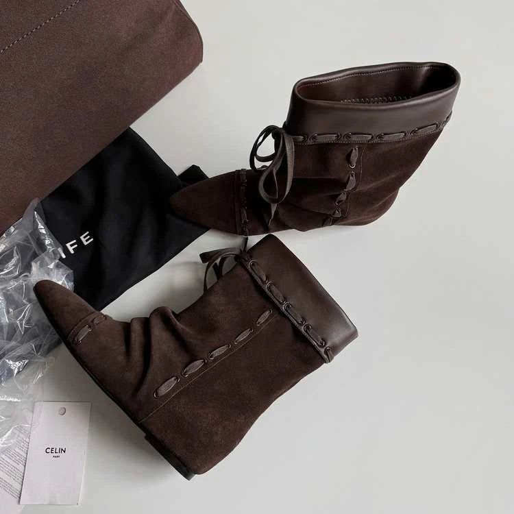 LBSFY -New Style Luxury Women's Thin Heel Short Boots Fashion Pointed Wide Tube Folded Stacked Boots Women's Large Ankle Boots