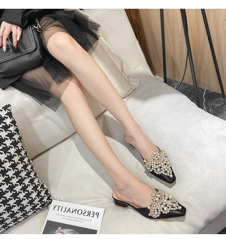 LBSFY -Pearl Half Slippers Women Shoe Autumn Rhinestone Chunky Mid Heel Slipper Sandals Fashion Muller Casual Versatile Single Shoes