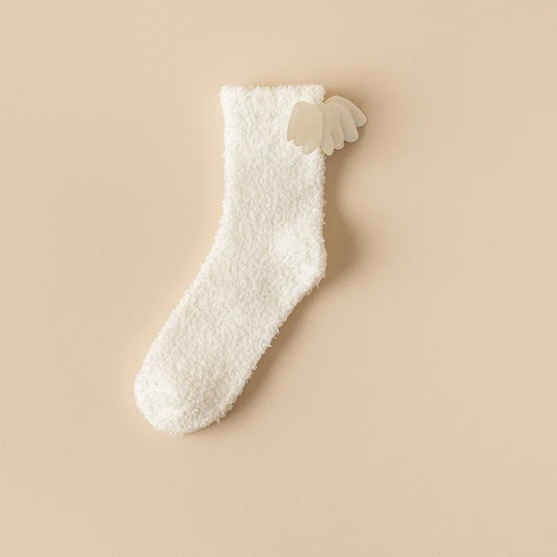 Lbsfy Wing Woman Sock Thicken Crew White Black Cotton Soft Coral Fleece Kawaii Cute Hosiery Autumn Winter Warm Casual Ladies Stockings