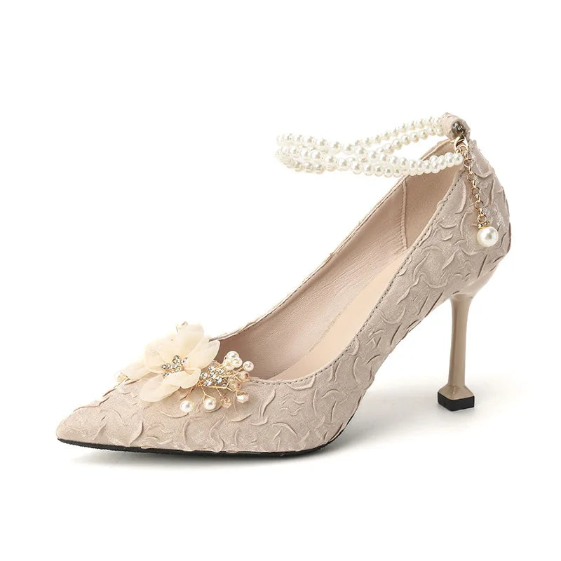 LBSFY  -  Pointed Stiletto Large Size 30-44 Women Shoes With Pearls Buckle Wedding Shoes