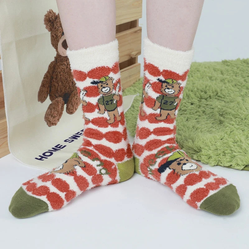 Lbsfy Winter Warm Women's Socks Cute Bear Cartoon Velvet Floor Socks for Women Soft Home Indoor Funky Sock Comfortable High Quality