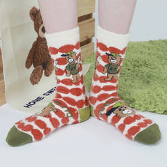 Lbsfy Winter Warm Women's Socks Cute Bear Cartoon Velvet Floor Socks for Women Soft Home Indoor Funky Sock Comfortable High Quality
