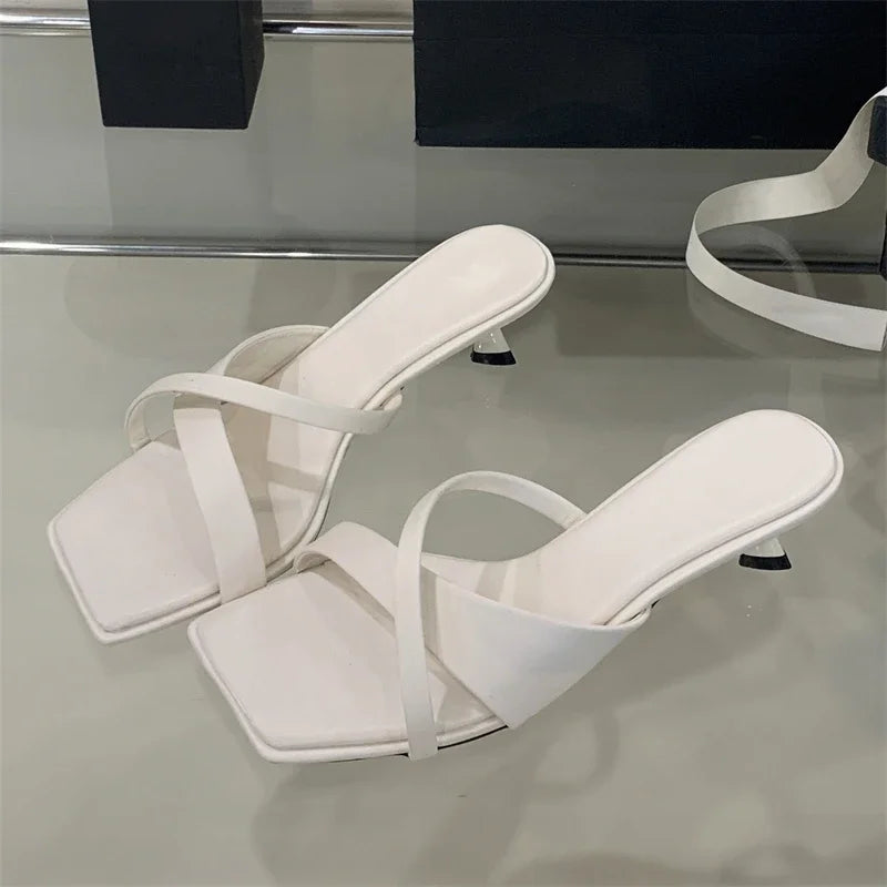 LBSFY -Summer Fashion Narrow Band Square Toe Slippers Women Low Heels Beach Sandals Slide Party Shoes Zapatos De Mujer