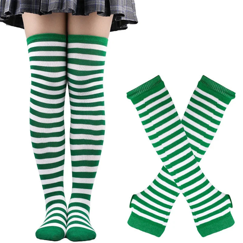 Lbsfy 1 Set Women Girls Over Knee Long Stripe Thigh High Cotton Gothic Lolita Socks Arm Sleeve Gloves Sweet Cute Black Overknee Socks