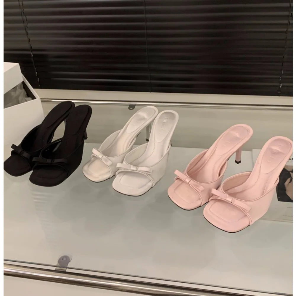 LBSFY -New Women's Slipper Mules Low High Heels Shoes Summer Best Street Look Females Square Head Open Toe Bow Strappy Sandals