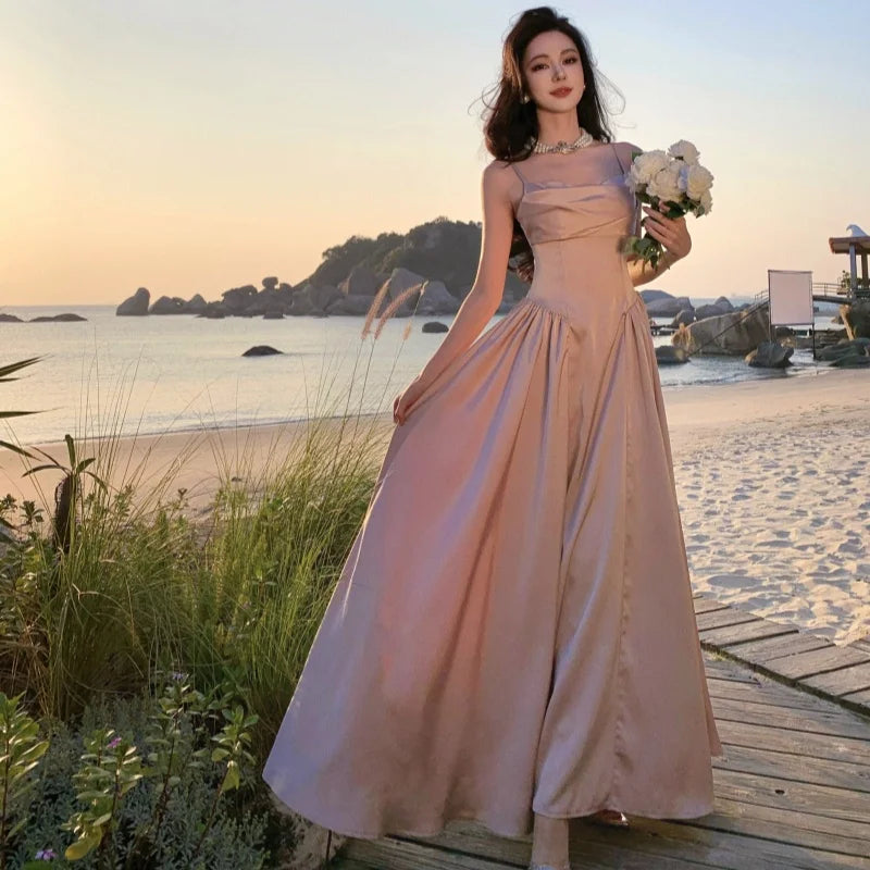 LBSFY -Women's Vintage Elegant Party Dresses Summer Fashion 2025 New Solid Pleated A-Line Slim Sling Dress French Beach Holiday Vestido