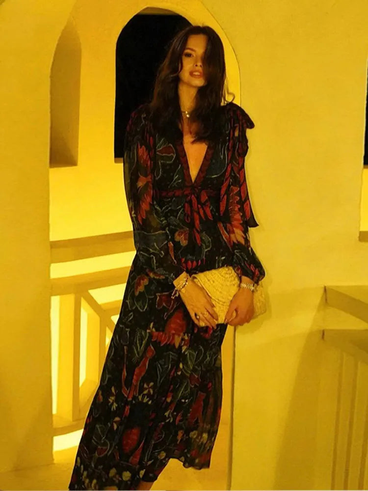 LBSFY  -  Fashion Flower Printed Deep V-neck Women's Dress Elegant Puff Sleeves Lace Up Hollow Out Waist Vestidos New Female Holiday Robes