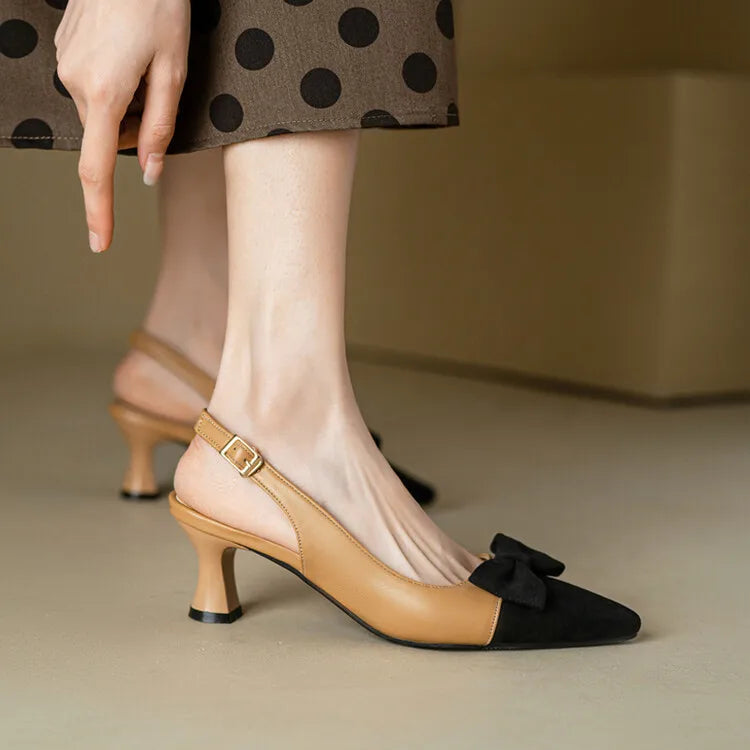 LBSFY  -  32-46 High Heel Shoes Women Point Toe Bow Mix Colors Pumps Slingbacks High-heeled