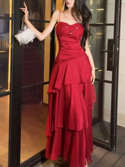 LBSFY -Fashion Elegant Ruffles Spaghetti Strap Women's Dresses Slim Waist Wedding Graduation Party Vacation Tiered Midi Dress Summer