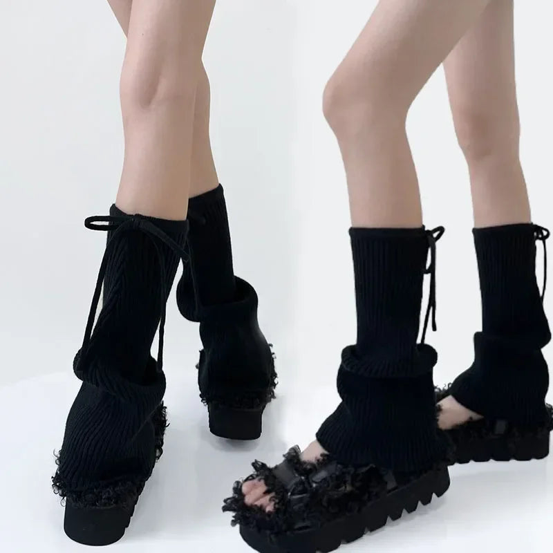 Lbsfy Y2K Strappy Design Flared Leggings Korea Women Knitted Covers Socks Leg Warmers Winter Thickened Calf Socks Harajuku Leg Covers