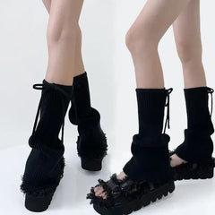 Lbsfy Y2K Strappy Design Flared Leggings Korea Women Knitted Covers Socks Leg Warmers Winter Thickened Calf Socks Harajuku Leg Covers
