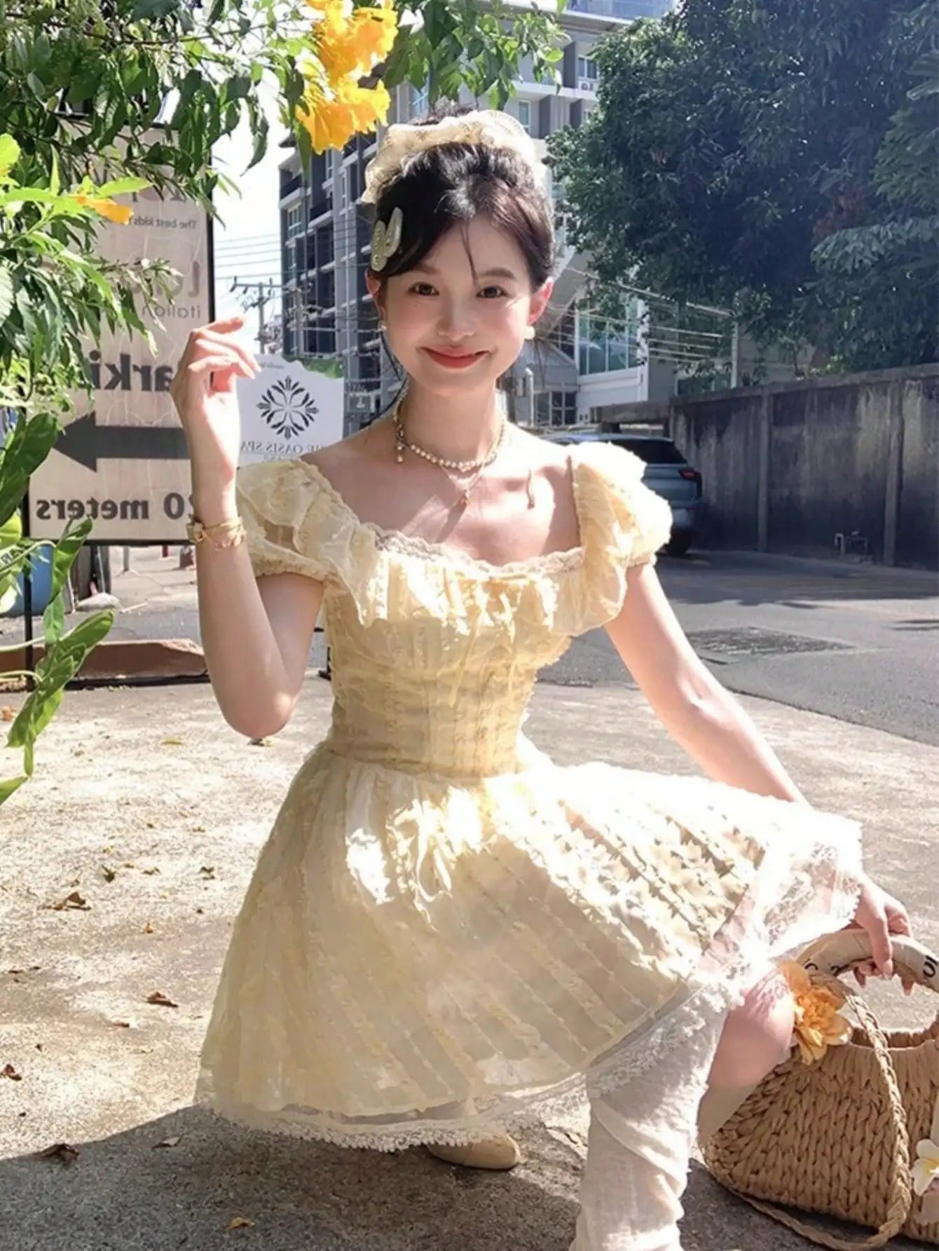 LBSFY -Y2K New Preppy Style Woman Mini Dress Sweet Yellow Lace Puff Sleeves Square-Collar A-Line Slim Waist Dresses French Elegant New