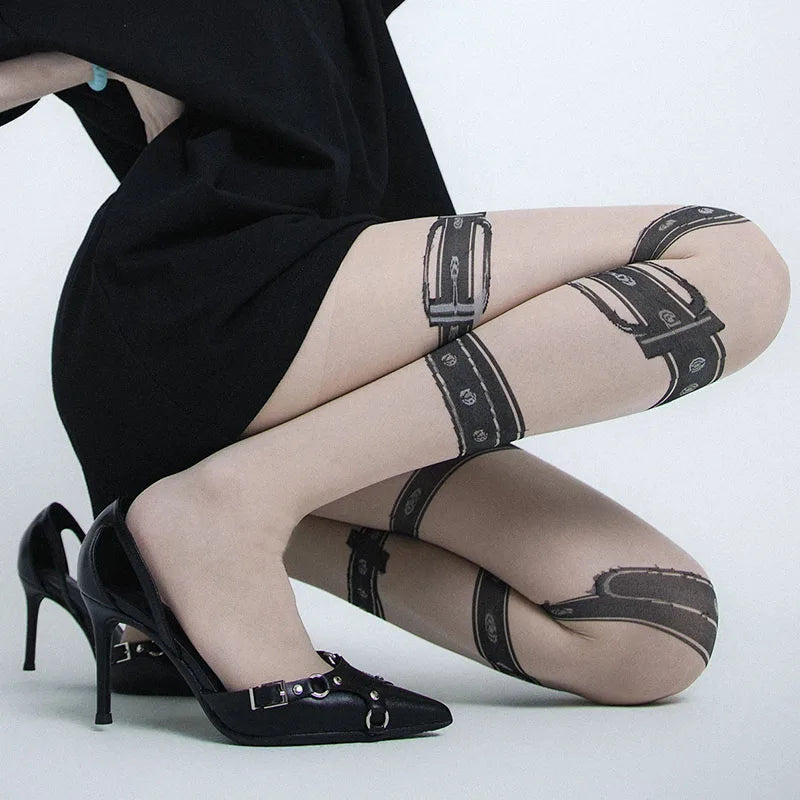 Lbsfy Women Sexy Black Stockings Leg Ring Jacquard Gothic Punk Y2k Printed Tights Waist Nightclub Party Tights Lingerie Pantyhose