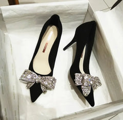 LBSFY -New Fashion Bowknot Pointed Toe High Heels Pumps Women's Stiletto White Pearl Bridal Wedding Shoes Banquet Party Dress Shoes