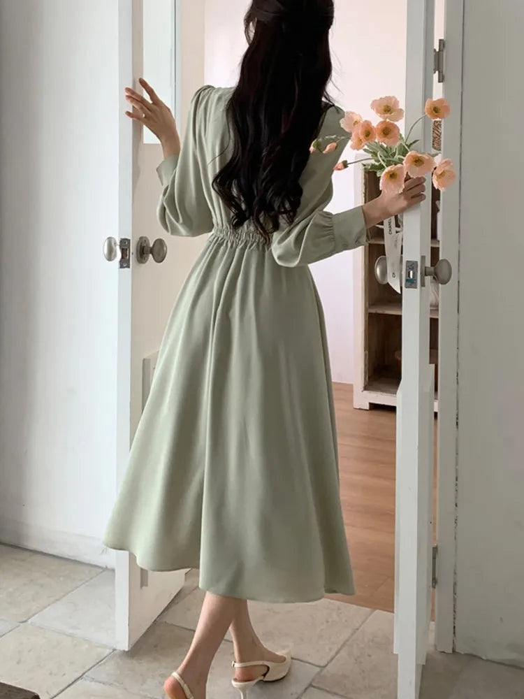 LBSFY -Korean Solid Midi Dresses for Women Fashion V-neck Long Sleeve A-line Solid Casual Dress Office Lady Clothing 2024 Autumn New