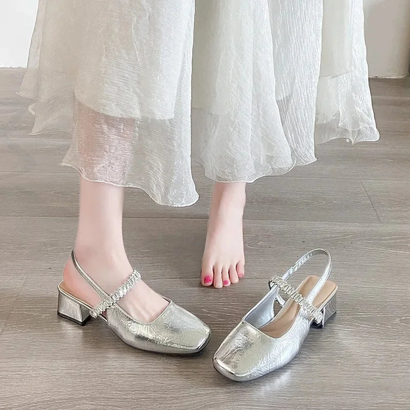 LBSFY -Comfortable Soft Leather High Heels Women's Sandals Summer New Style Fashion Mary Jane Shoes Square Toe Rubber Bottom