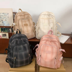 LBSFY -Casual Backpack, Trendy Brand Cotton and Linen Checkered Design School Bag, Good-Looking, Large-Capacity Lightweight Backpack for Junior High School and College Students